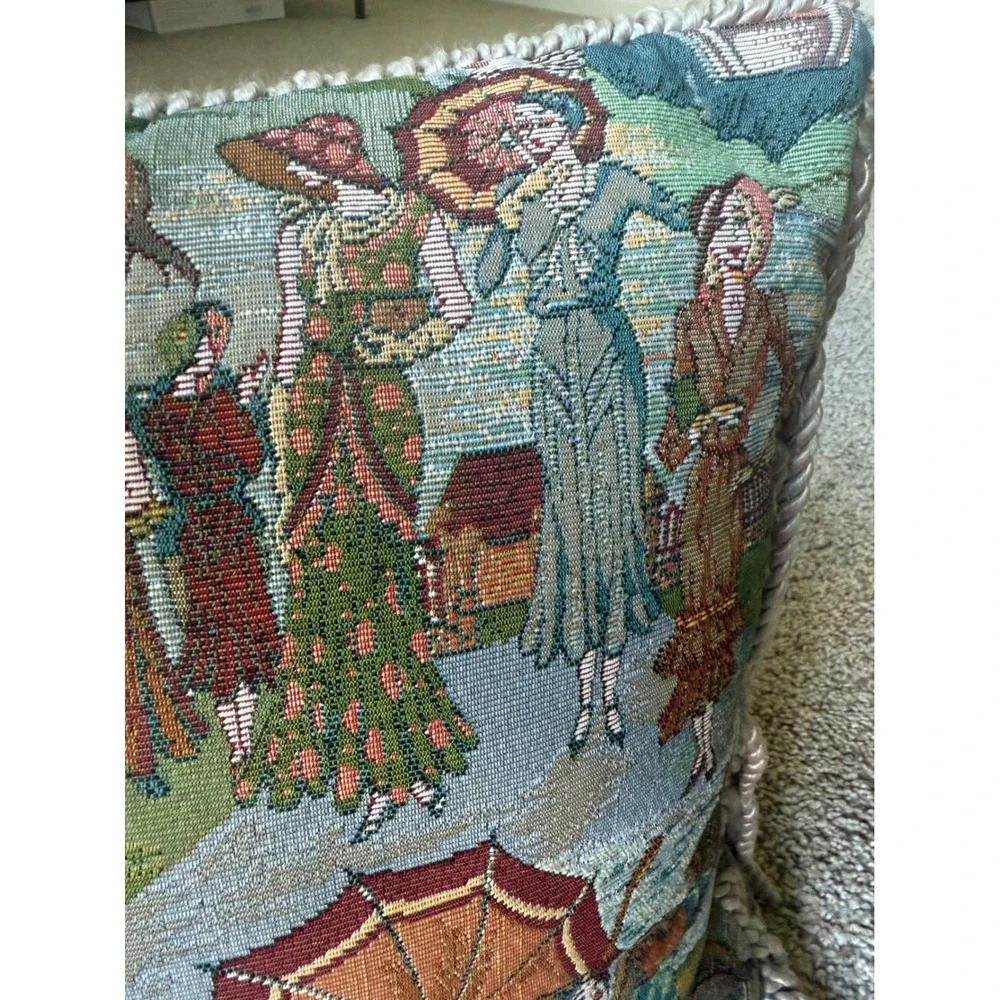 Vintage Victorian Tapestry Throw‎ Pillow with Fringe Ladies in Garden Scene